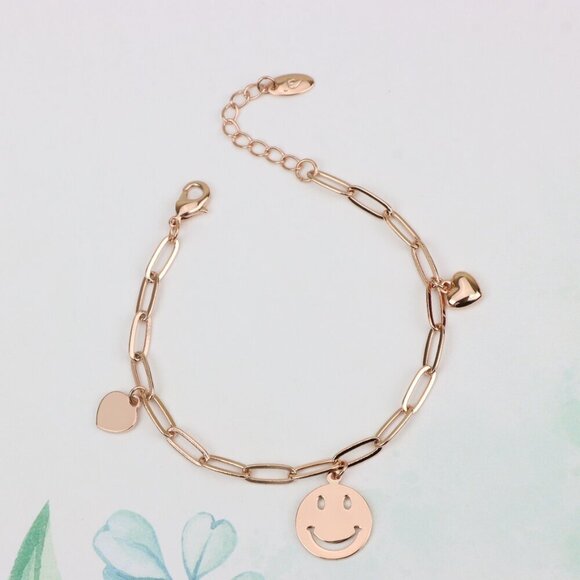 "Rose Gold Smiley Charm Bracelet with Heart Dangles, XPBL1149 - Picture 3 of 12